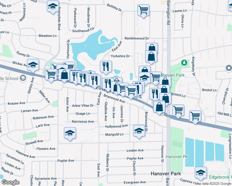 map of restaurants, bars, coffee shops, grocery stores, and more near 1847 West Irving Park Road in Streamwood