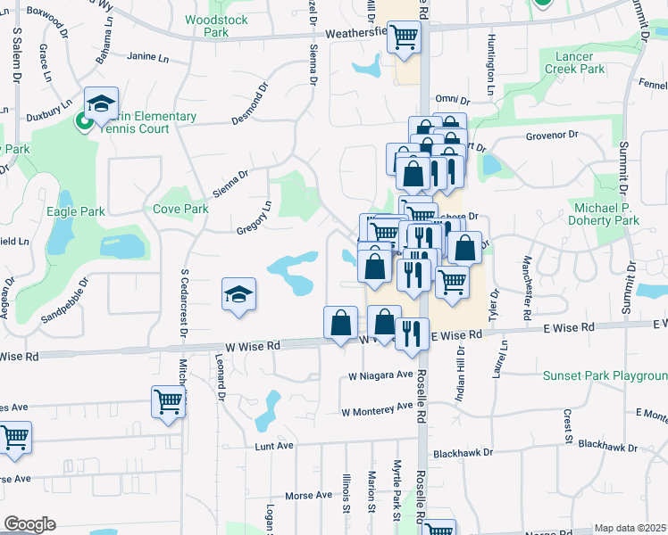 map of restaurants, bars, coffee shops, grocery stores, and more near 1077 Dickens Way in Schaumburg