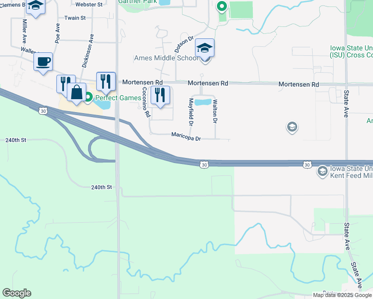 map of restaurants, bars, coffee shops, grocery stores, and more near 4130 Maricopa Drive in Ames