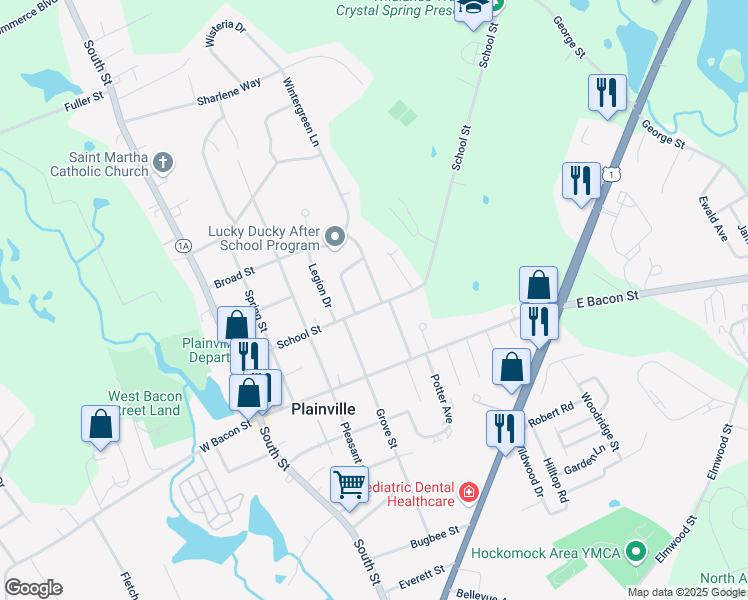 map of restaurants, bars, coffee shops, grocery stores, and more near 52 School Street in Plainville