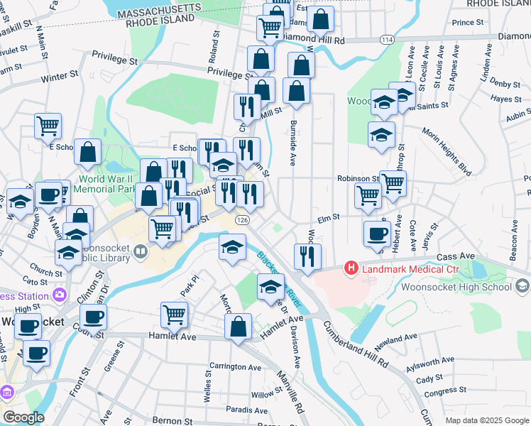 map of restaurants, bars, coffee shops, grocery stores, and more near 120 Gaulin Avenue in Woonsocket