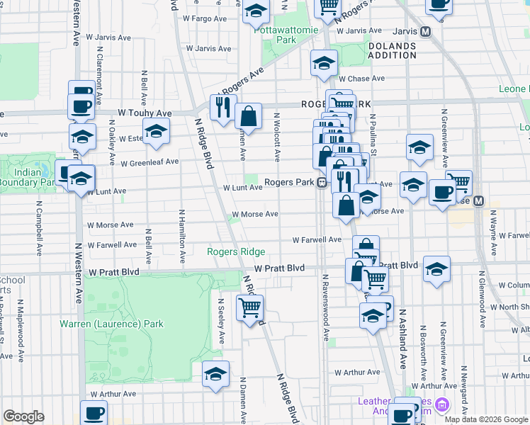 map of restaurants, bars, coffee shops, grocery stores, and more near 1918 West Morse Avenue in Chicago