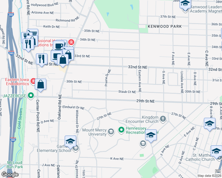 map of restaurants, bars, coffee shops, grocery stores, and more near 1142 Staub Court Northeast in Cedar Rapids