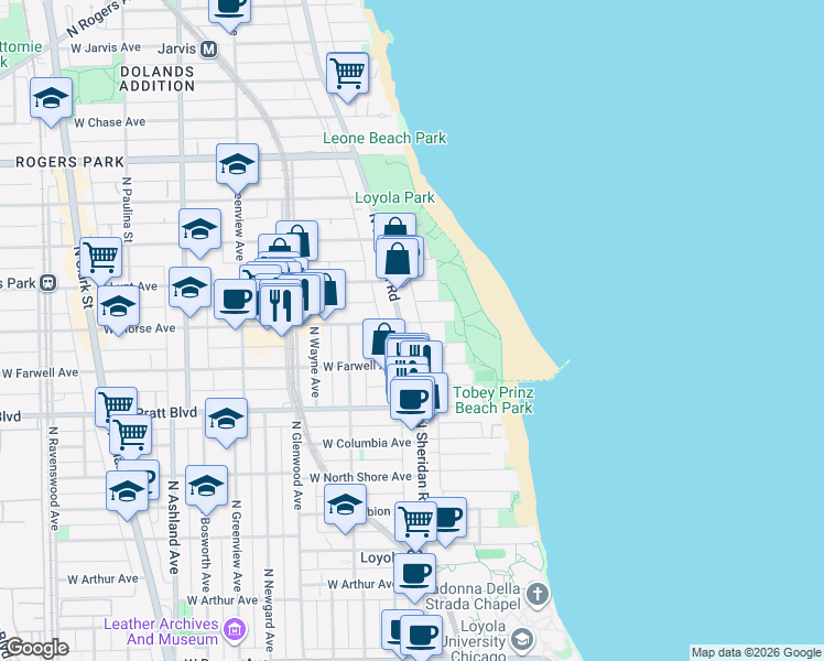 map of restaurants, bars, coffee shops, grocery stores, and more near 6935 North Sheridan Road in Chicago