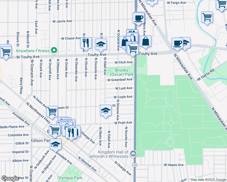 map of restaurants, bars, coffee shops, grocery stores, and more near 7315 West Lunt Avenue in Chicago