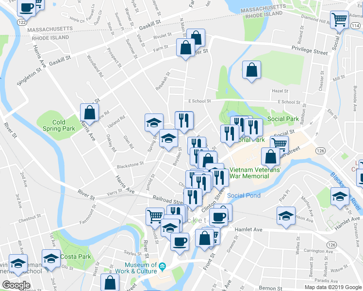 map of restaurants, bars, coffee shops, grocery stores, and more near 201 Boyden Street in Woonsocket