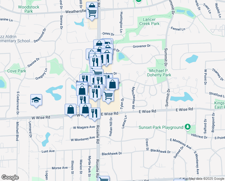 map of restaurants, bars, coffee shops, grocery stores, and more near 1071 South Roselle Road in Schaumburg