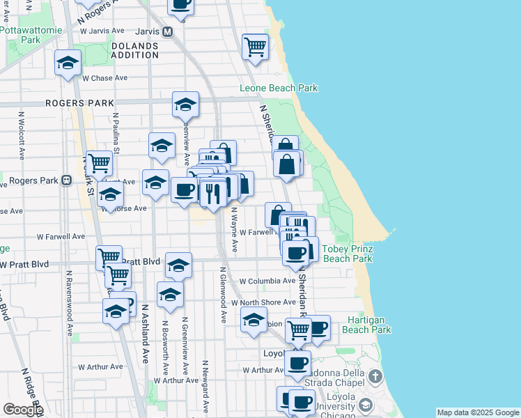 map of restaurants, bars, coffee shops, grocery stores, and more near 1225 West Morse Avenue in Chicago
