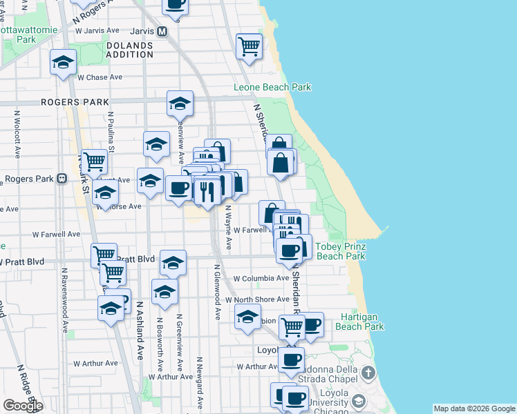 map of restaurants, bars, coffee shops, grocery stores, and more near 1225 West Morse Avenue in Chicago