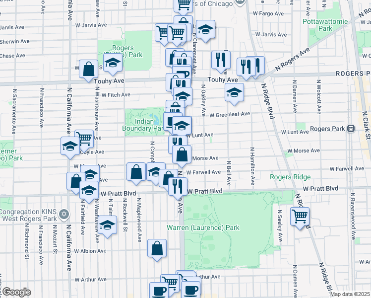 map of restaurants, bars, coffee shops, grocery stores, and more near 6933 North Western Avenue in Chicago