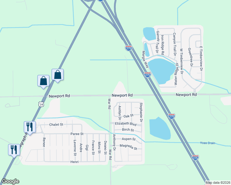 map of restaurants, bars, coffee shops, grocery stores, and more near 1827 Newport Road in Monroe County