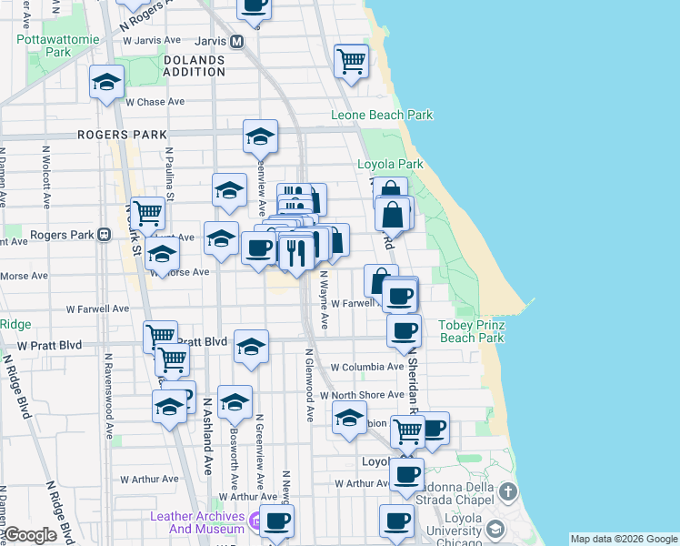 map of restaurants, bars, coffee shops, grocery stores, and more near 1307 West Morse Avenue in Chicago
