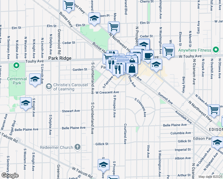map of restaurants, bars, coffee shops, grocery stores, and more near 222 South Prospect Avenue in Park Ridge