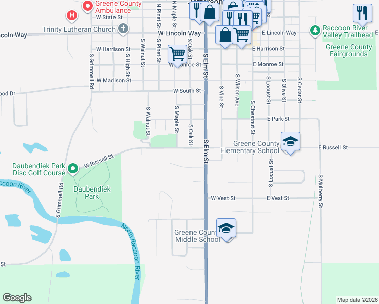 map of restaurants, bars, coffee shops, grocery stores, and more near 401 West Russell Street in Jefferson