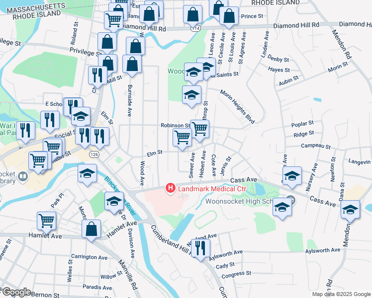 map of restaurants, bars, coffee shops, grocery stores, and more near 521 Elm Street in Woonsocket