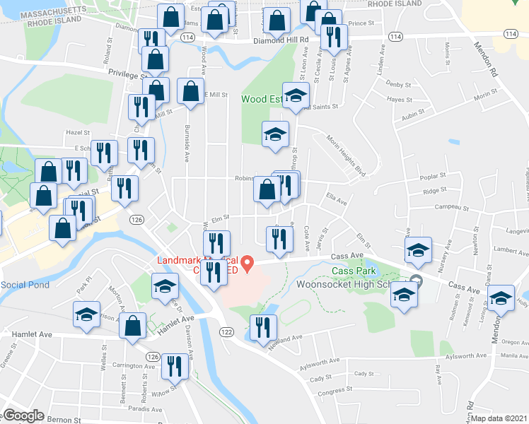 map of restaurants, bars, coffee shops, grocery stores, and more near 521 Elm Street in Woonsocket