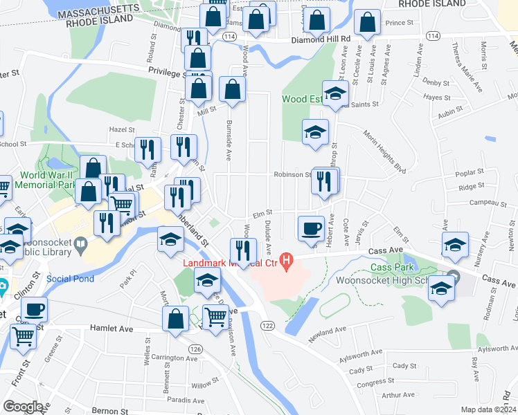 map of restaurants, bars, coffee shops, grocery stores, and more near 358 Elm Street in Woonsocket