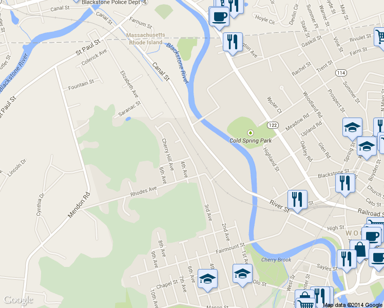 map of restaurants, bars, coffee shops, grocery stores, and more near 708 3rd Avenue in Woonsocket