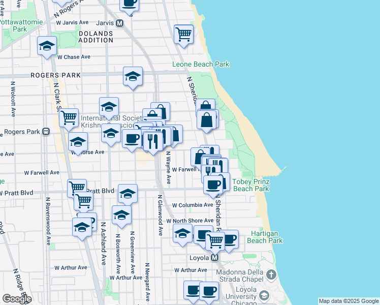 map of restaurants, bars, coffee shops, grocery stores, and more near 1225 West Morse Avenue in Chicago
