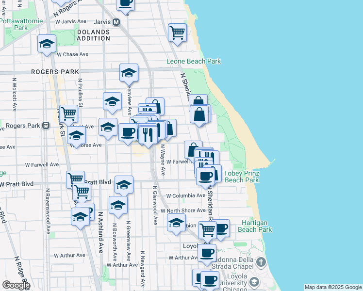 map of restaurants, bars, coffee shops, grocery stores, and more near 1225 West Morse Avenue in Chicago