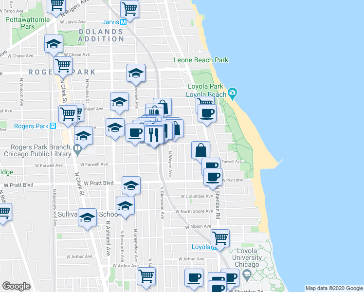 map of restaurants, bars, coffee shops, grocery stores, and more near 6921 North Wayne Avenue in Chicago