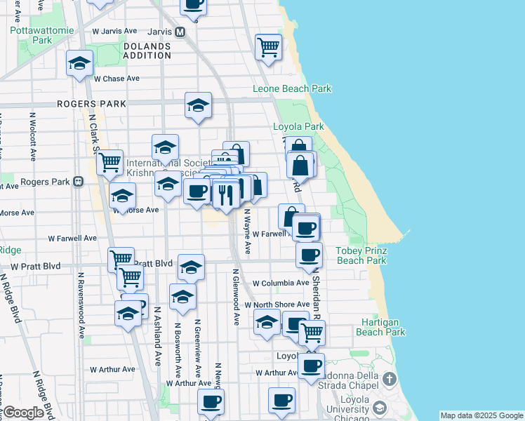 map of restaurants, bars, coffee shops, grocery stores, and more near 6921 North Wayne Avenue in Chicago