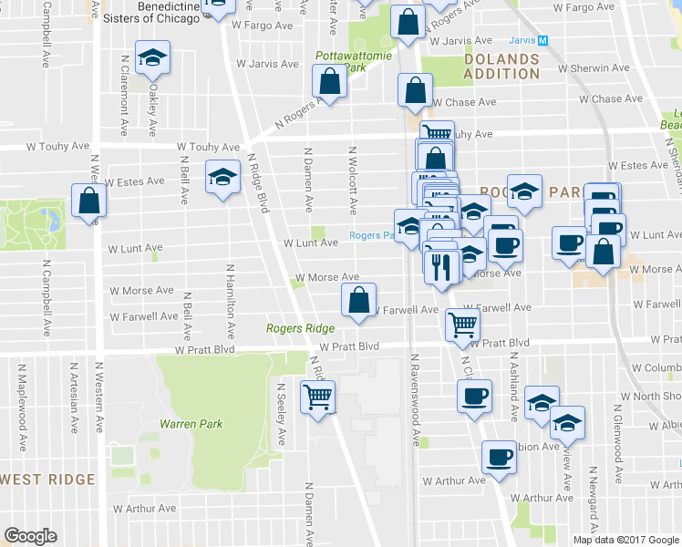 map of restaurants, bars, coffee shops, grocery stores, and more near 1853 West Morse Avenue in Chicago