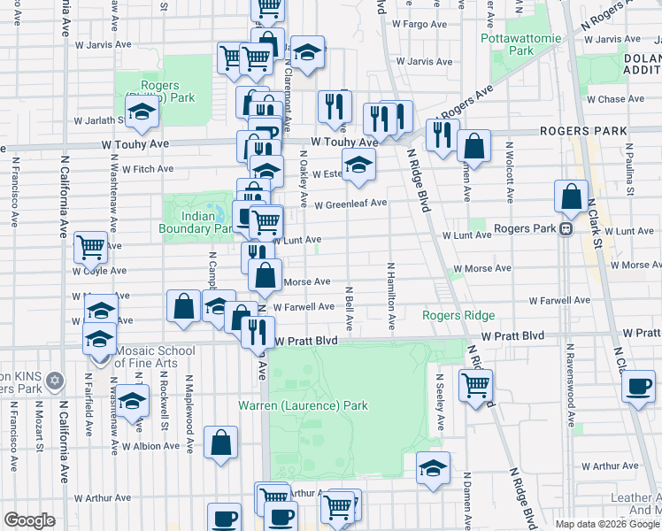 map of restaurants, bars, coffee shops, grocery stores, and more near 2220 West Morse Avenue in Chicago