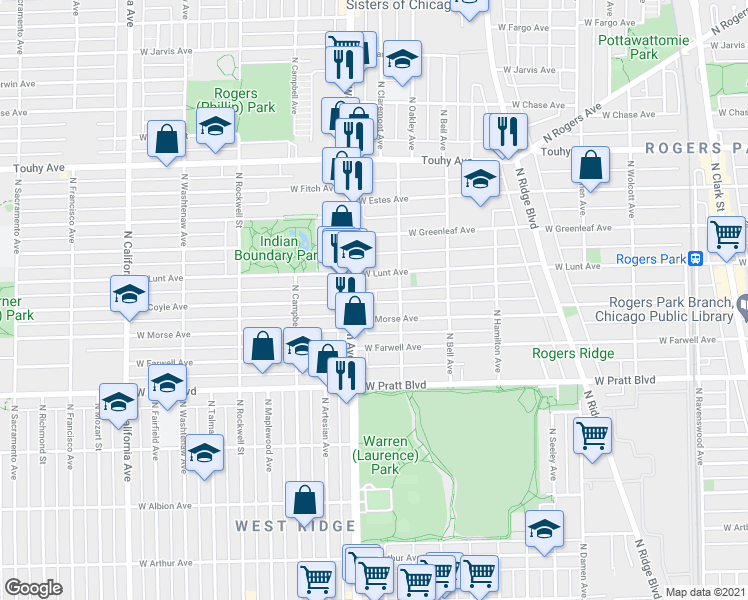 map of restaurants, bars, coffee shops, grocery stores, and more near 2308 West Morse Avenue in Chicago