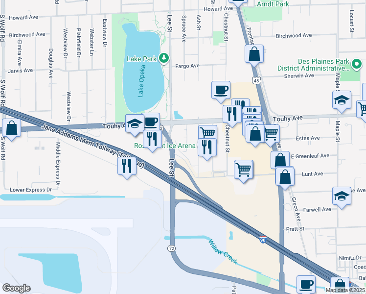 map of restaurants, bars, coffee shops, grocery stores, and more near 7108 Barry Street in Rosemont