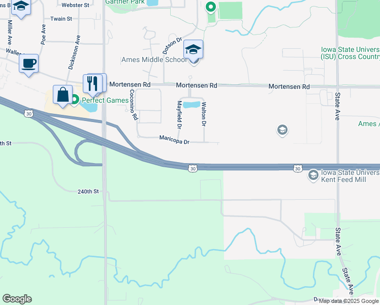 map of restaurants, bars, coffee shops, grocery stores, and more near 4110 Maricopa Drive in Ames