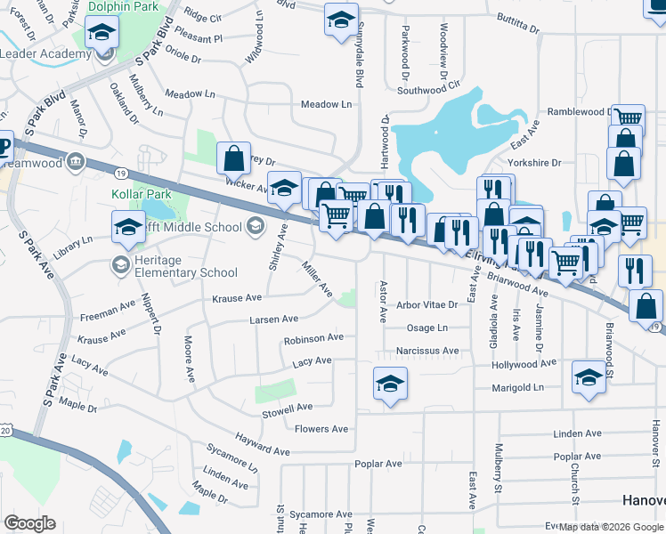 map of restaurants, bars, coffee shops, grocery stores, and more near 1413 Tinnerella Avenue in Streamwood