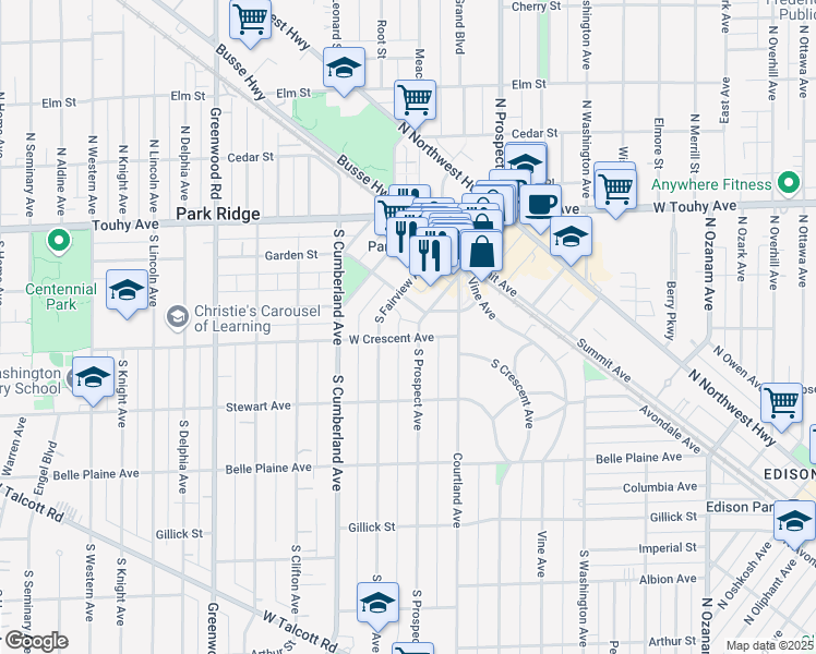 map of restaurants, bars, coffee shops, grocery stores, and more near 301 South Prospect Avenue in Park Ridge