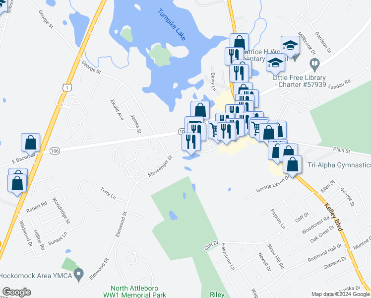 map of restaurants, bars, coffee shops, grocery stores, and more near 21 Messenger Street in Plainville