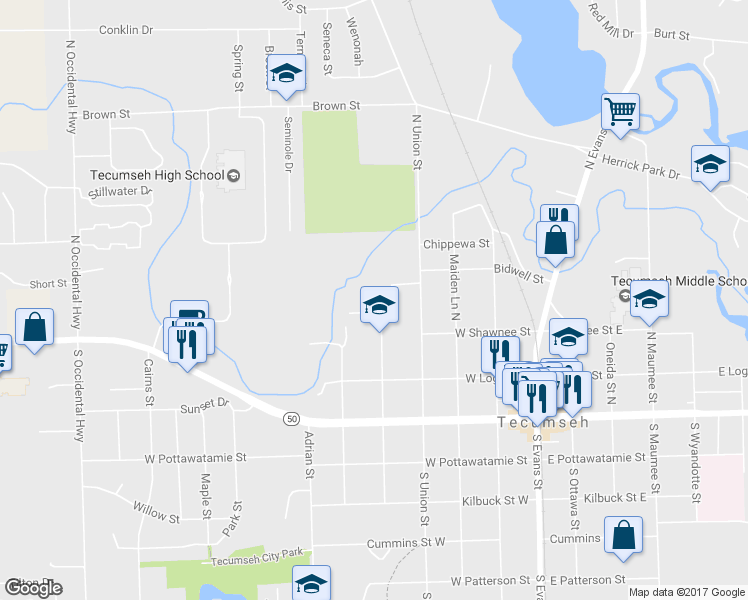 map of restaurants, bars, coffee shops, grocery stores, and more near 401 North Van Buren Street in Tecumseh