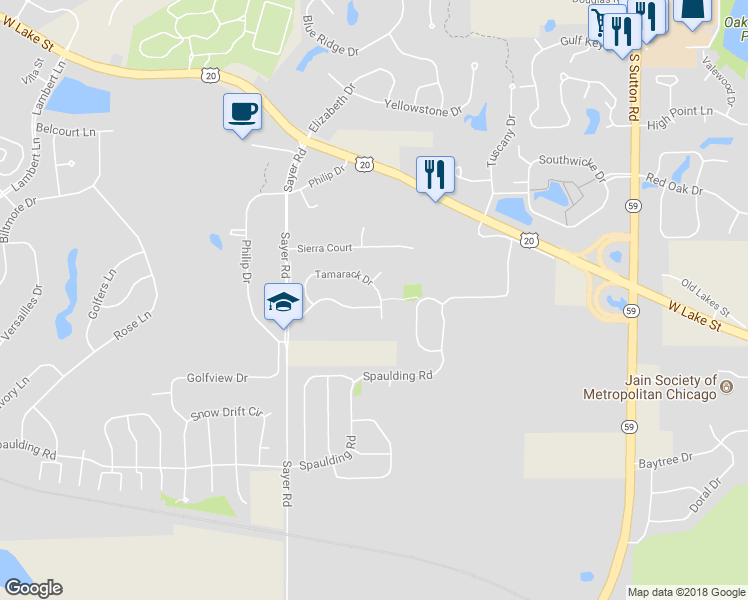 map of restaurants, bars, coffee shops, grocery stores, and more near 1231 Tamarack Drive in Bartlett
