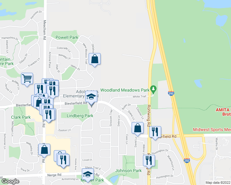 map of restaurants, bars, coffee shops, grocery stores, and more near 1548 McDevitt Circle in Elk Grove Village