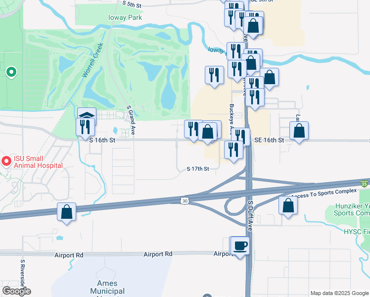 map of restaurants, bars, coffee shops, grocery stores, and more near 320 South 16th Street in Ames
