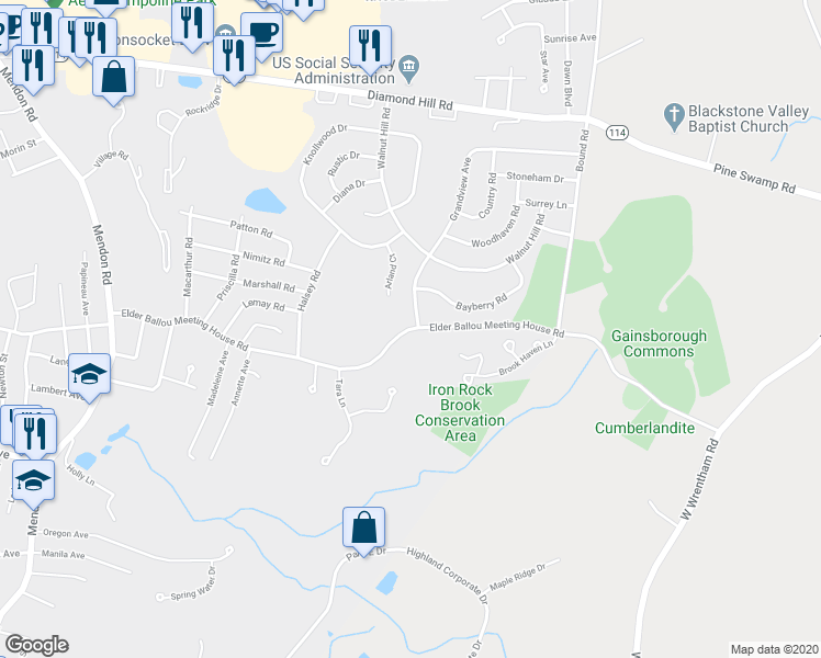 map of restaurants, bars, coffee shops, grocery stores, and more near 690 Elder Ballou Mtg House Road in Woonsocket