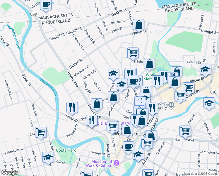 map of restaurants, bars, coffee shops, grocery stores, and more near 90 Spring Street in Woonsocket