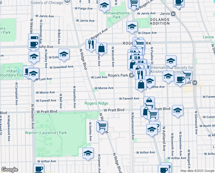 map of restaurants, bars, coffee shops, grocery stores, and more near 1937 West Morse Avenue in Chicago