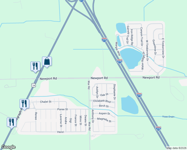 map of restaurants, bars, coffee shops, grocery stores, and more near 1827 Newport Road in Monroe County
