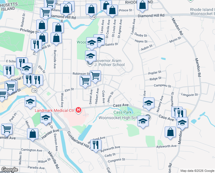 map of restaurants, bars, coffee shops, grocery stores, and more near 133 Cote Avenue in Woonsocket