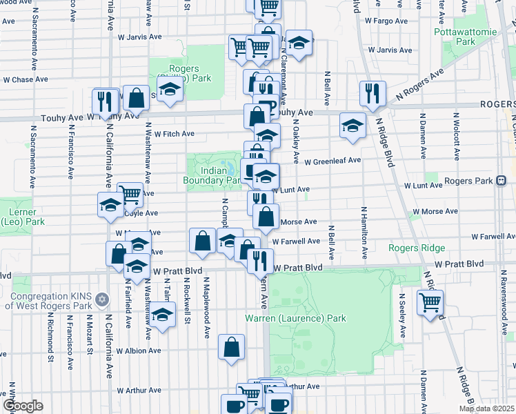 map of restaurants, bars, coffee shops, grocery stores, and more near 6933 North Western Avenue in Chicago