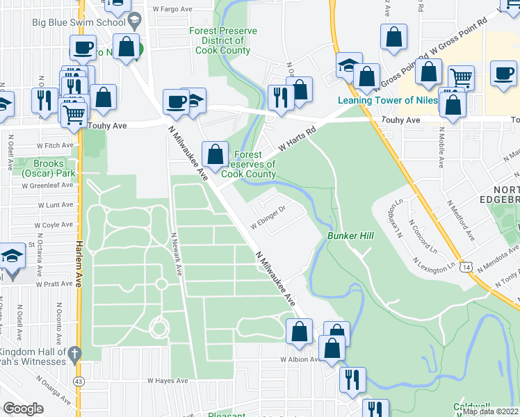 map of restaurants, bars, coffee shops, grocery stores, and more near 6915 North Rosemary Lane in Niles