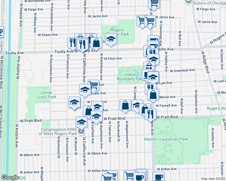 map of restaurants, bars, coffee shops, grocery stores, and more near 2627 West Coyle Avenue in Chicago