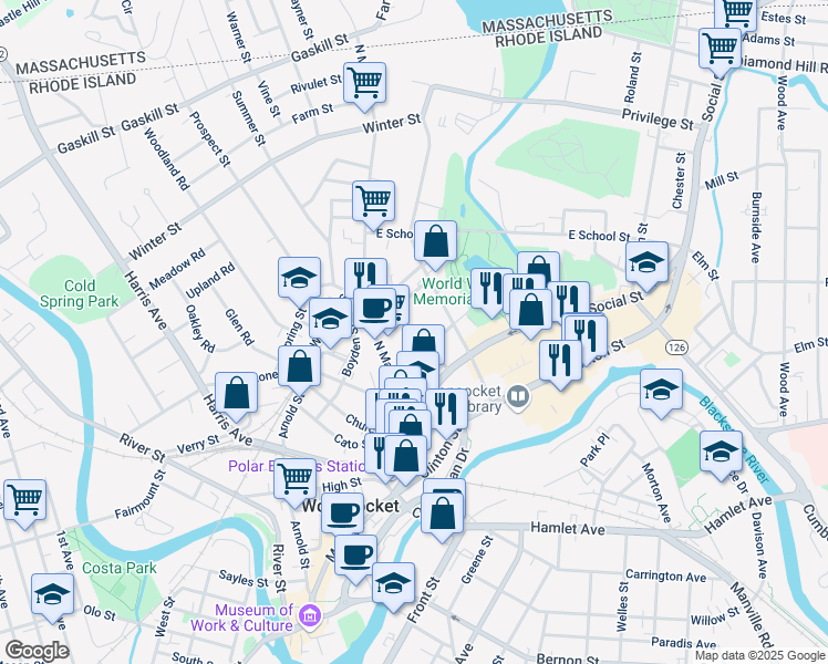 map of restaurants, bars, coffee shops, grocery stores, and more near Earle Street in Woonsocket