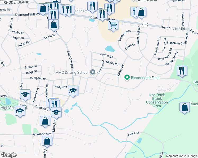 map of restaurants, bars, coffee shops, grocery stores, and more near 227 Elder Ballou Meeting House Road in Woonsocket