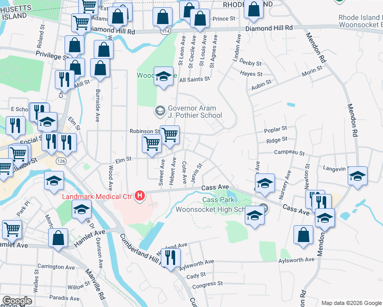map of restaurants, bars, coffee shops, grocery stores, and more near 133 Cote Avenue in Woonsocket