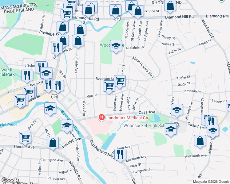 map of restaurants, bars, coffee shops, grocery stores, and more near 138 Hebert Avenue in Woonsocket